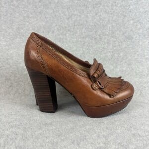 Frye Brown Naiya Kiltie High Heel Platform Loafer Leather Sz 6.5M Fringe Detail